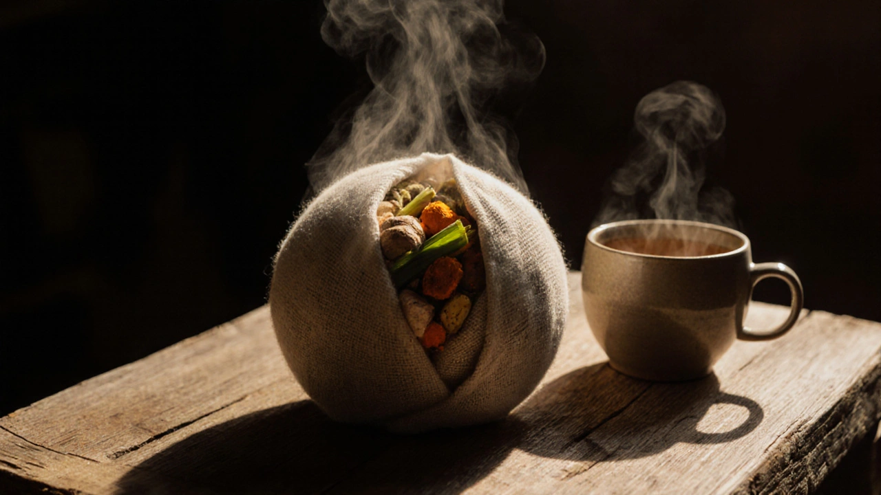 Close-up of a steaming herbal compress ball with turmeric and lemongrass visible, beside a cup of ginger tea.