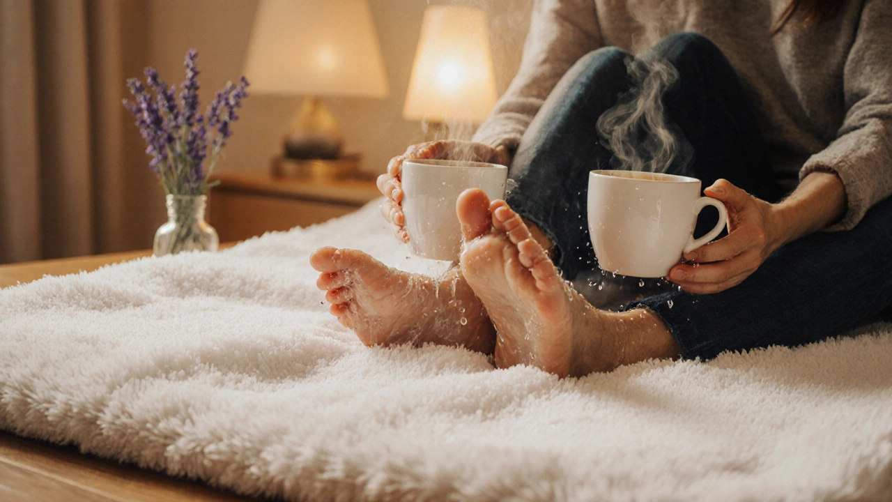 Couple sharing tea and washing each other&#039;s feet after a session, surrounded by warm light.