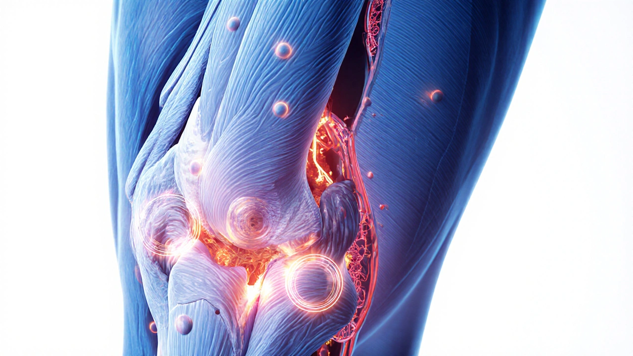 Cross‑section of thigh showing muscle, fascia, capillaries, and trigger points.