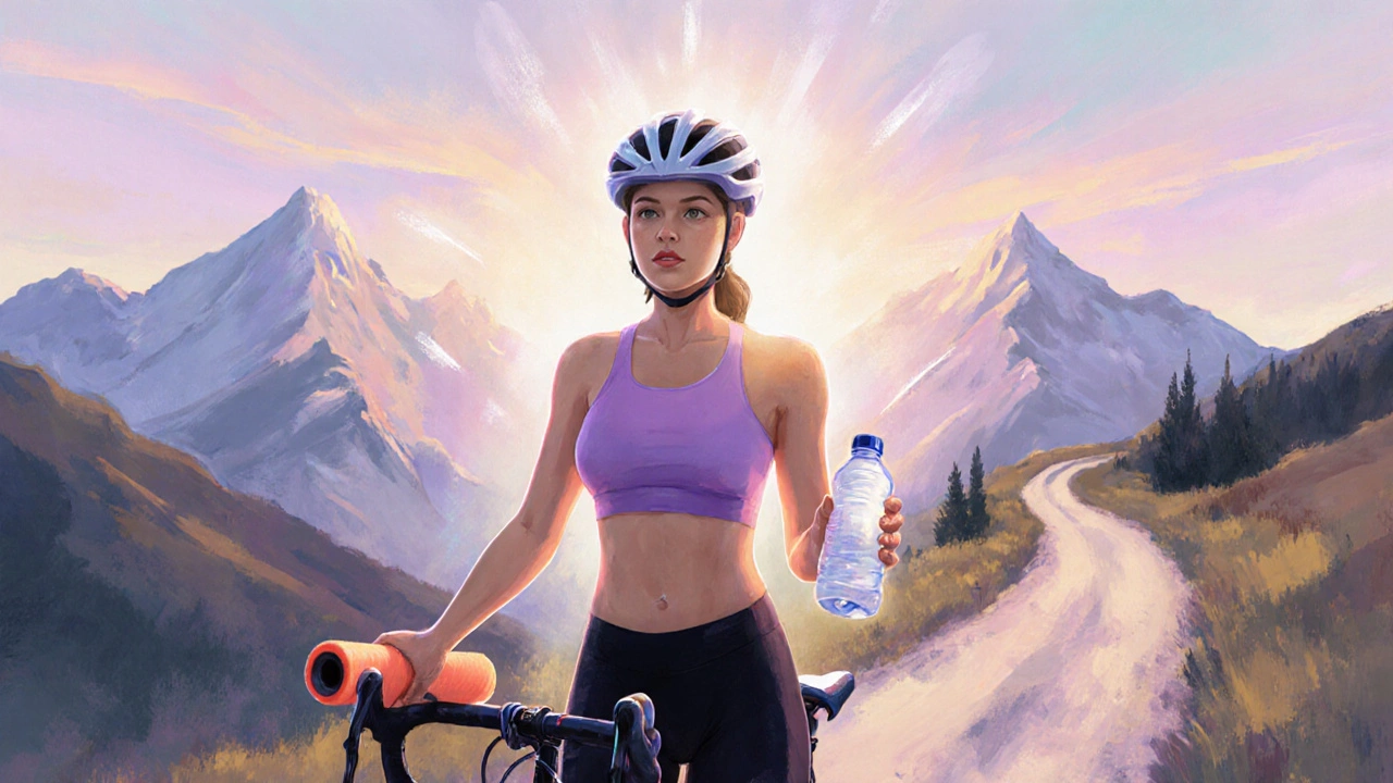 Cyclist on sunrise trail holding foam roller, glowing with recovery aura.