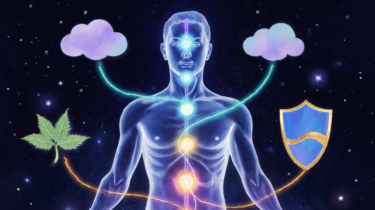 Digital art of a glowing silhouette with chakra lights and subtle symbols of sleep, stress relief, and immunity.