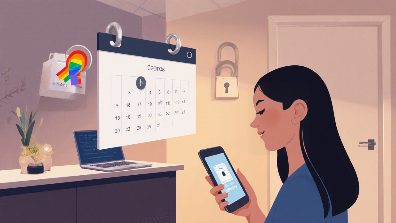 Discreet clinic reception with license badge, lock symbol and smiling client, emphasizing safety and affirmation.
