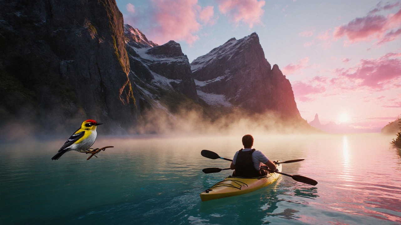 Kayaker paddling on turquoise Emerald Lake with cliffs and sunrise.