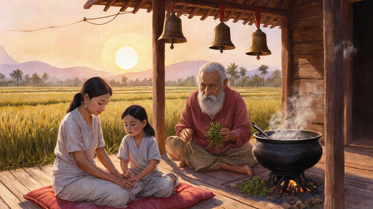Lao grandmother teaching granddaughter the traditional massage technique on a low cushion, with herbal stove in background.