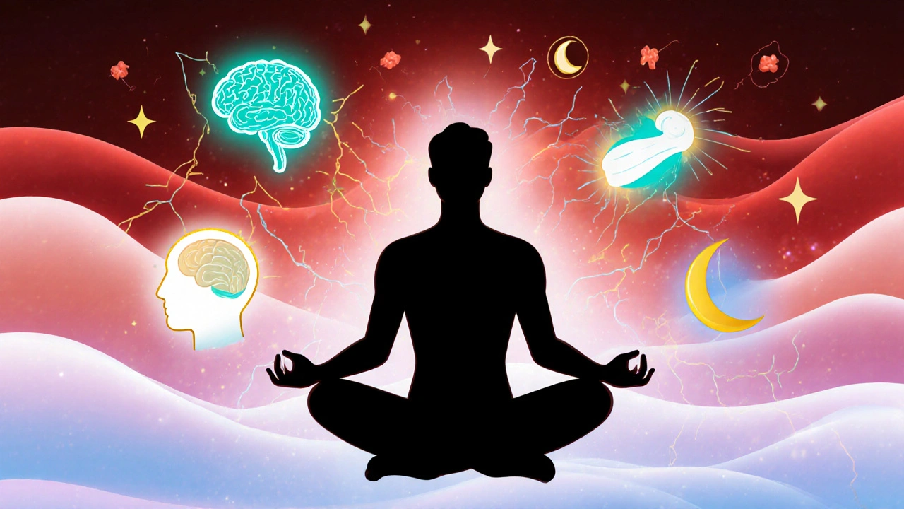 Silhouette surrounded by transitioning aura showing stress relief, glowing brain and relaxed muscles.