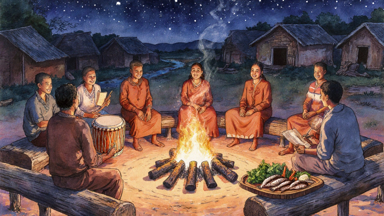 Villagers gathered around a fire sharing stories and drums at night.