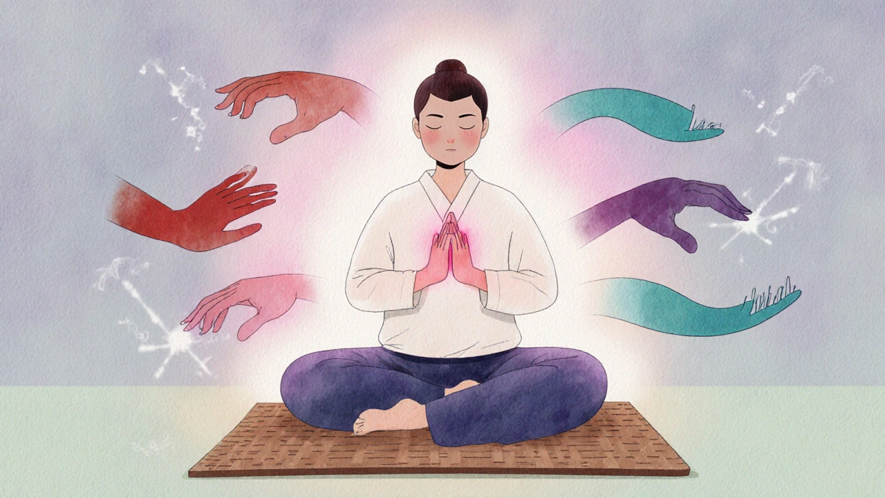 Watercolor illustration of a seated figure showing four Reiki hand positions with colored auras.