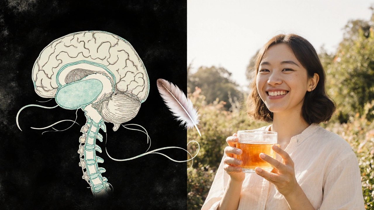 A conceptual image showing fluid flow in the spine alongside a calm person in nature, with a feather symbolizing gentle touch.