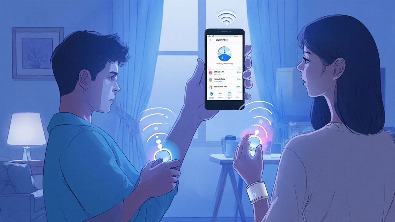 A couple using synchronized wearable stimulators in separate rooms, connected via a smartphone app.