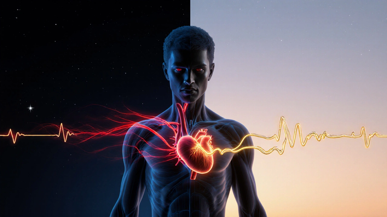 A dual-side illustration showing stress on one side and relaxation with melatonin flow on the other after massage.