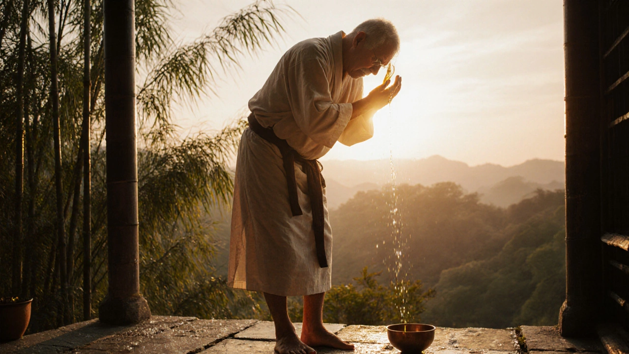 A man performing self-massage at dawn, applying oil to his scalp on a quiet stone porch as the sun rises softly behind bamboo trees.
