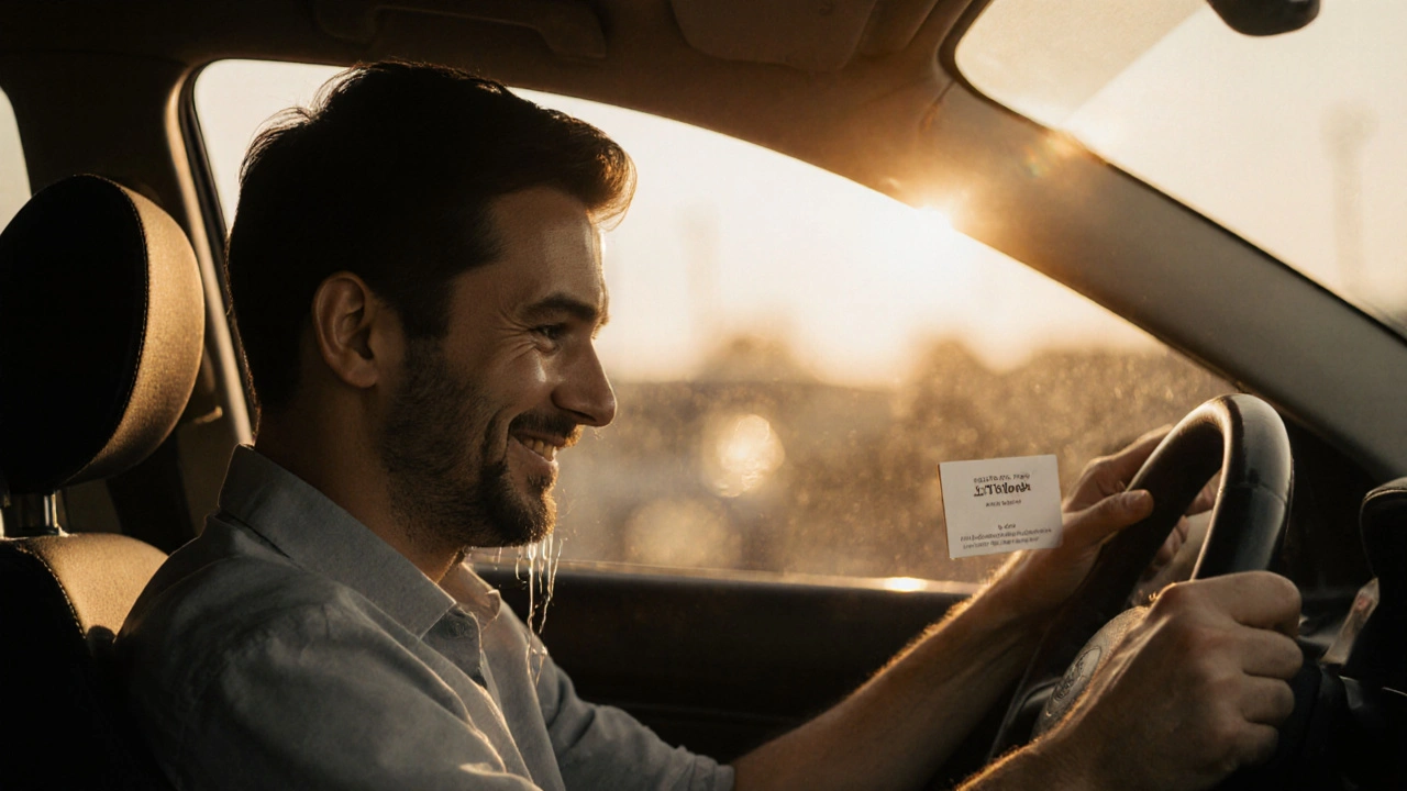 A man sitting in his car after a massage, quietly crying with a therapist&#039;s card on the seat.