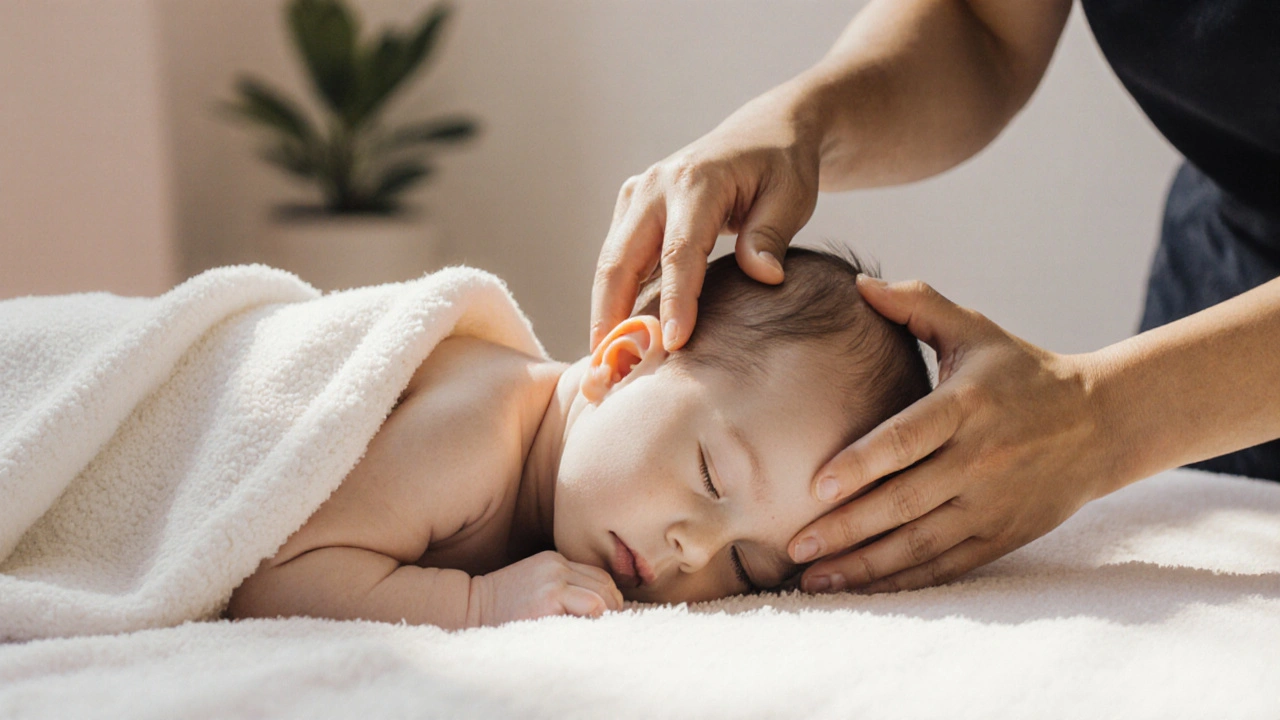 A practitioner’s hands lightly resting on an infant’s skull and spine as the baby sleeps soundly.