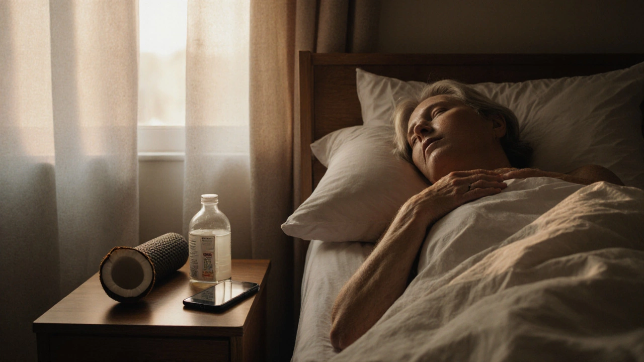 A woman sleeping peacefully in bed at dawn, phone closed, with foam roller and oil on the nightstand.