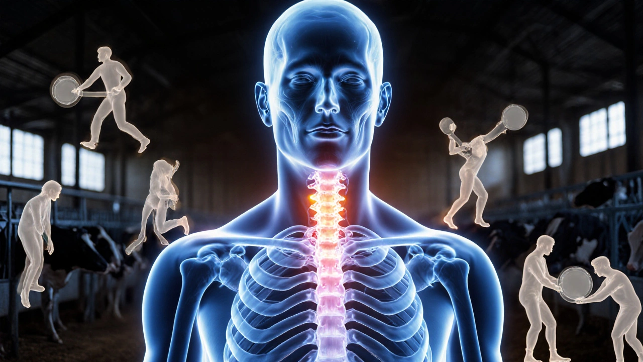 Anatomical illustration showing muscle tension points in a dairy worker&#039;s body against a milking parlor backdrop.