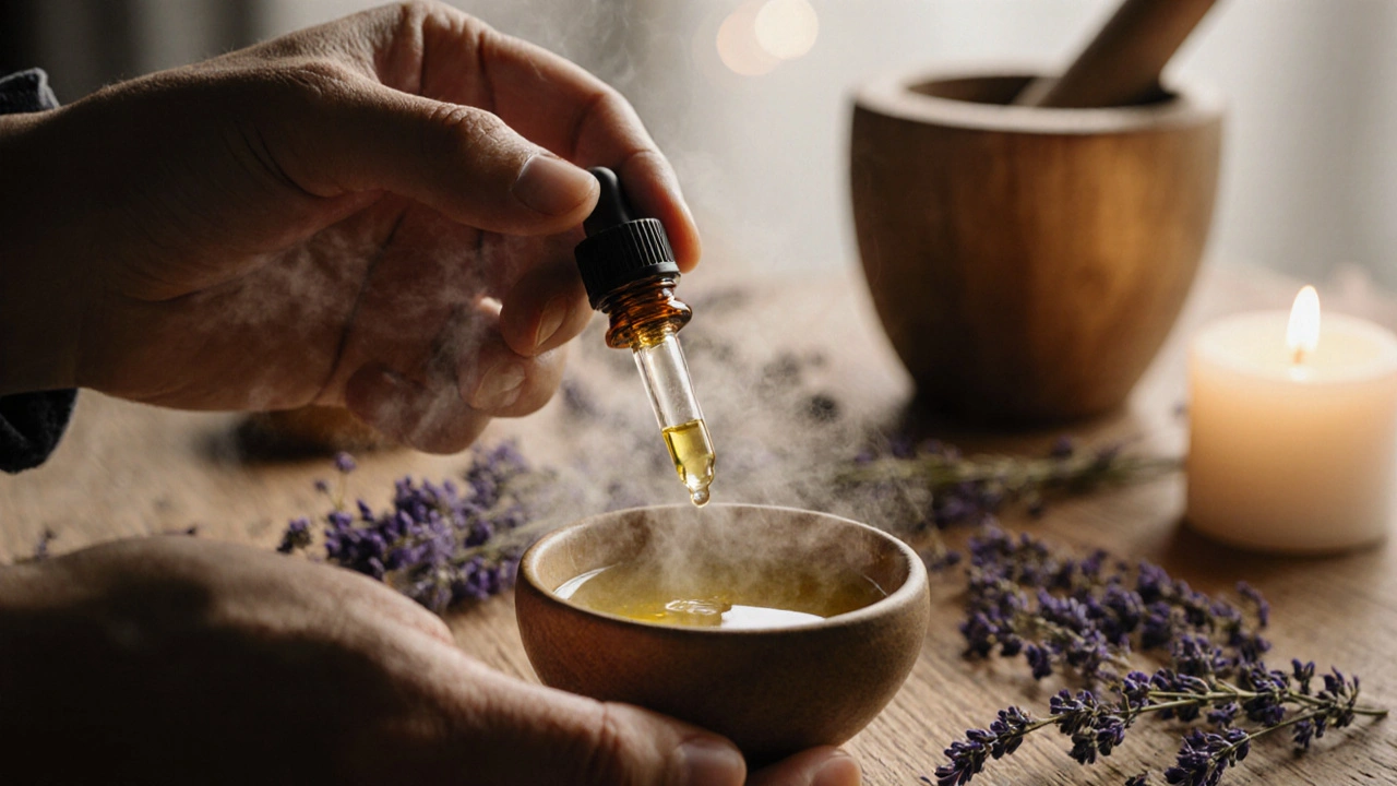 Close-up of bergamot essential oil being mixed with carrier oil, surrounded by lavender and wooden tools.