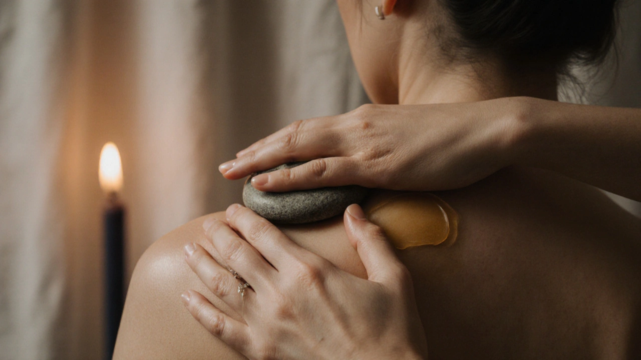 Hands applying circular pressure with warm oil and a smoothed stone on a woman’s shoulder.