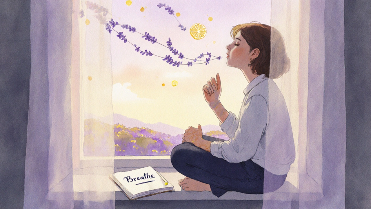 Person breathing deeply at dawn with lingering scent of lavender, oil glistening on wrists, sunlight through curtains.