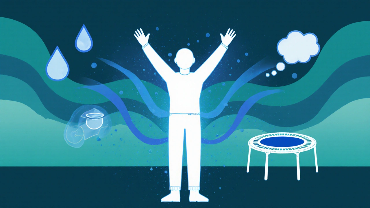 Person surrounded by subtle energy waves symbolizing lymphatic movement, with icons of water, breath, and rebounding.