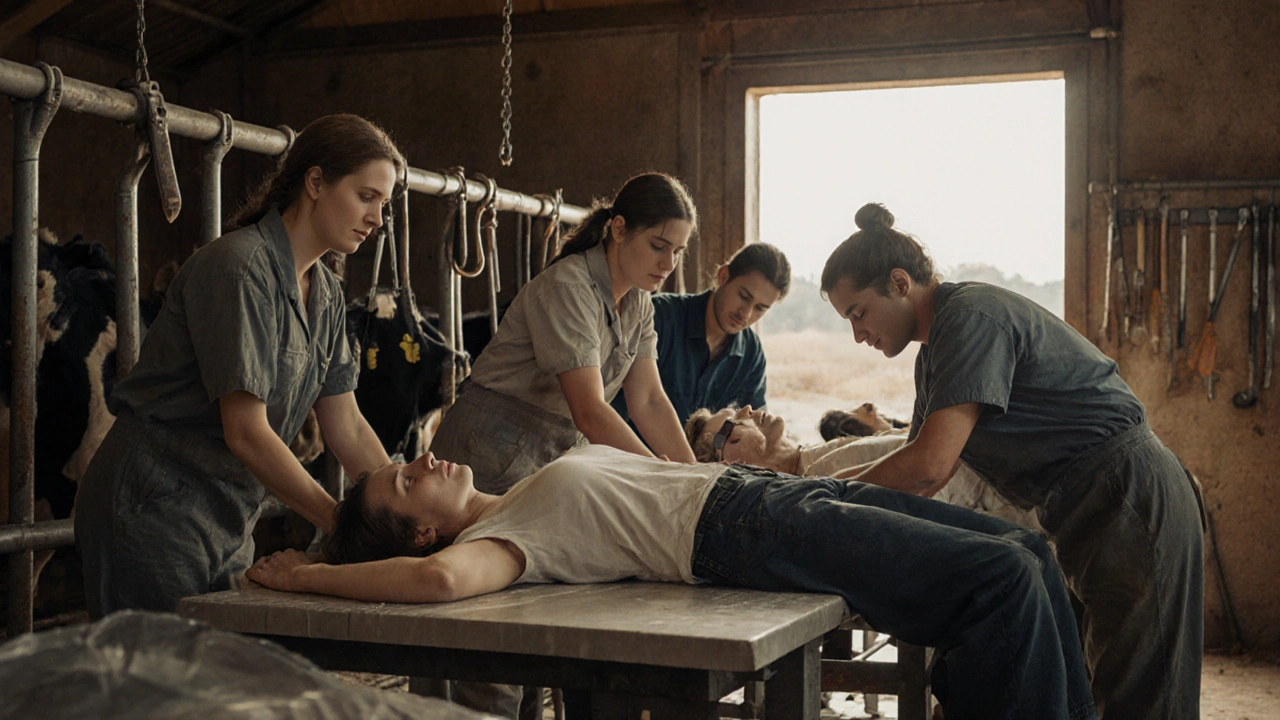 Three farm workers taking turns using the milking table for recovery during a break on the farm.