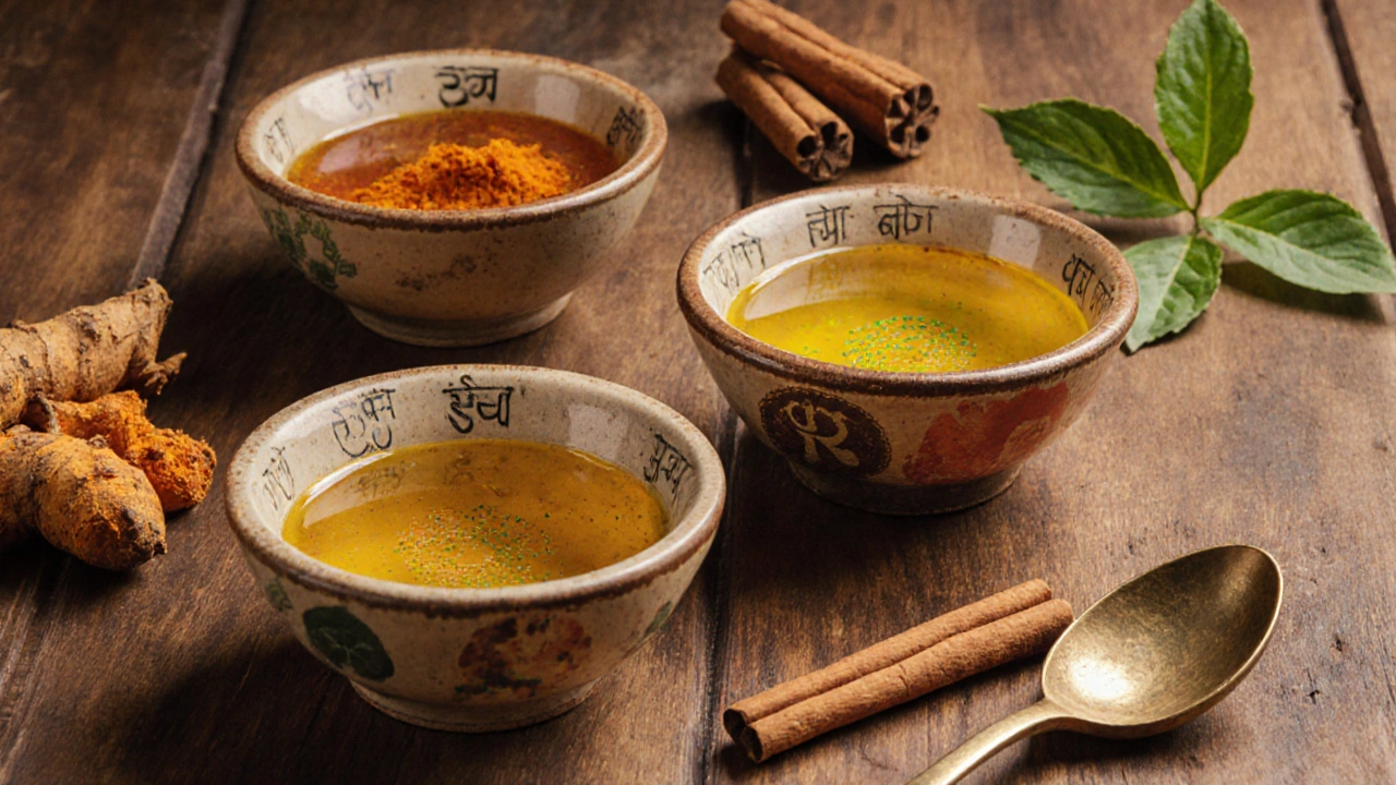 Three herbal oils—sesame, coconut, and mustard—along with turmeric, neem, and cinnamon on a wooden surface, symbolizing dosha-specific treatments.
