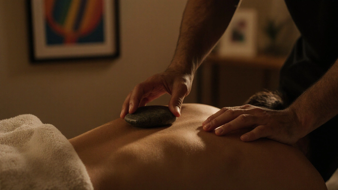 Warm stone being gently placed on a man&#039;s back during a therapeutic massage session.