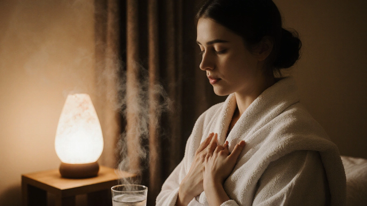 Woman wrapped in a cotton robe, at peace after massage, warm towel and steam rising nearby.