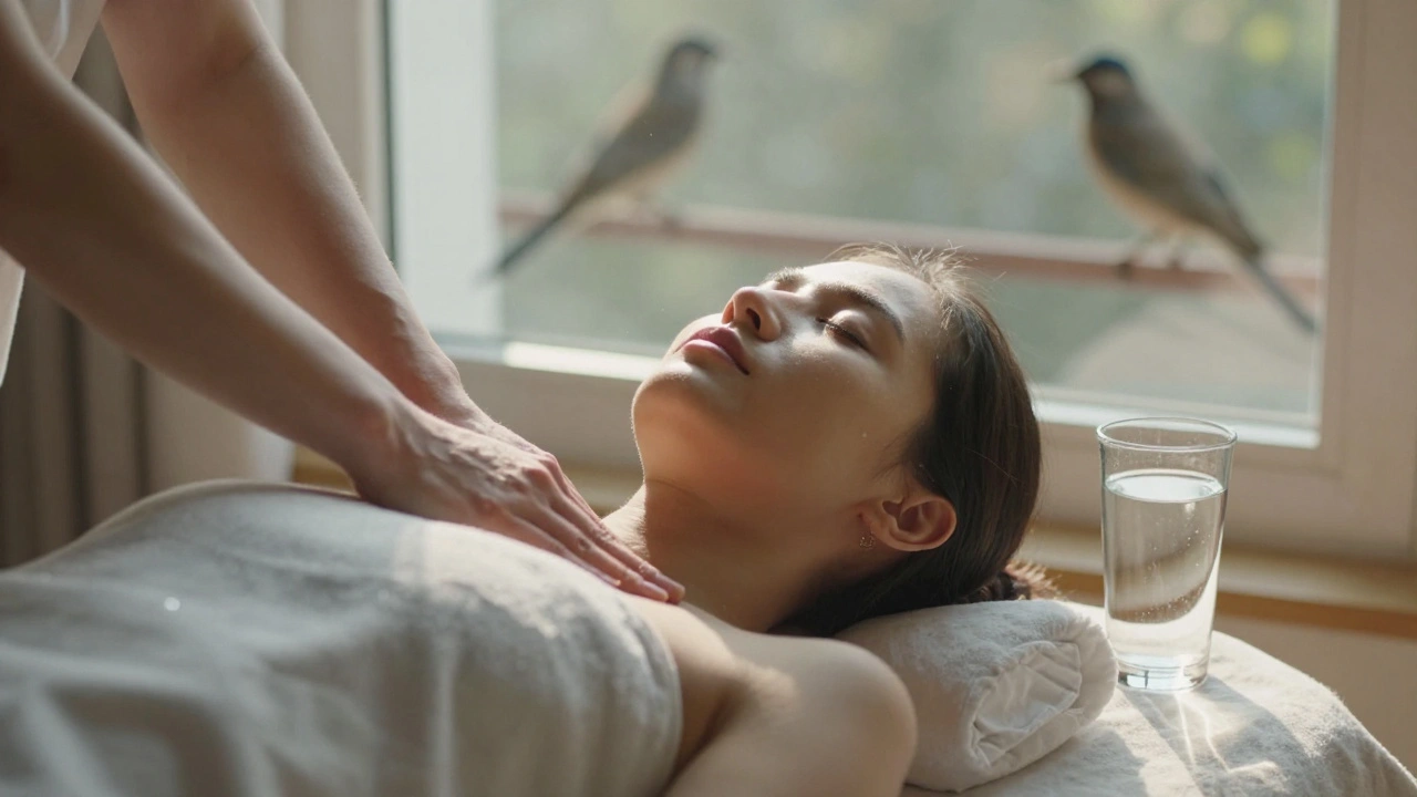 A person sitting quietly by a sunlit window after a massage, breathing deeply, with birds outside and a glass of water nearby.