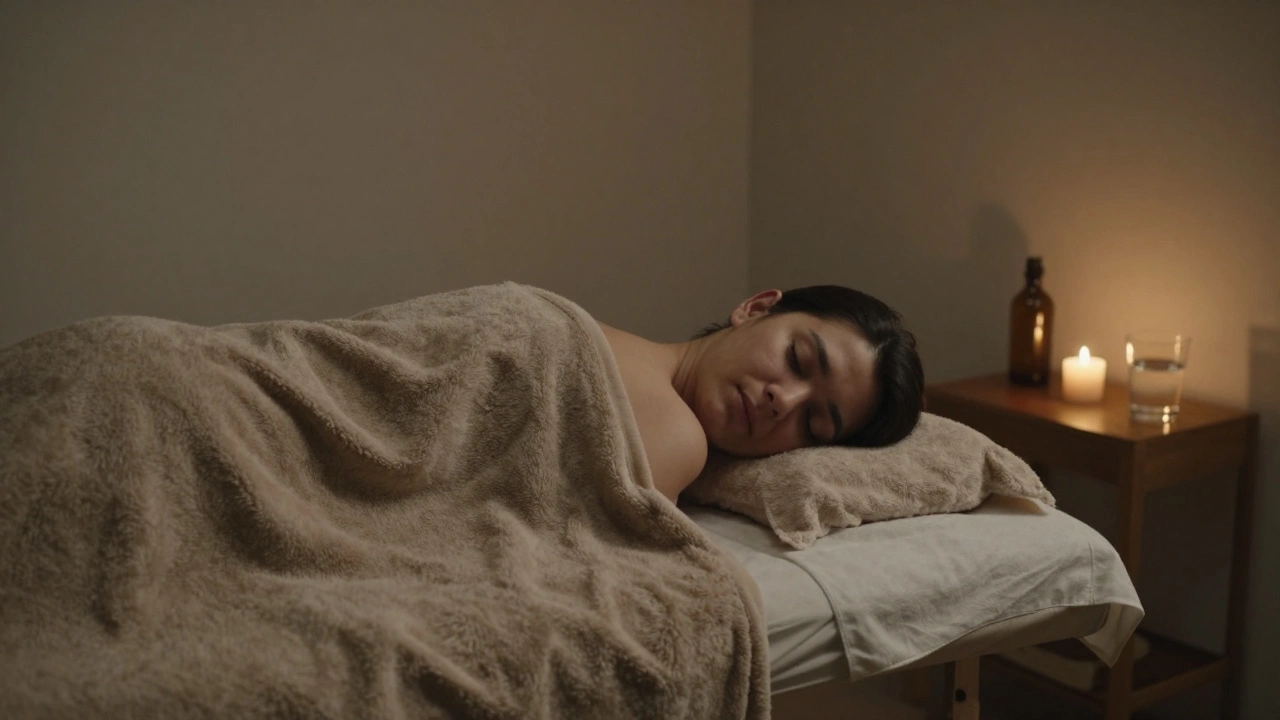 A person wrapped in a warm blanket after a massage, lying still in a quiet room with a flickering candle and glass of water nearby.