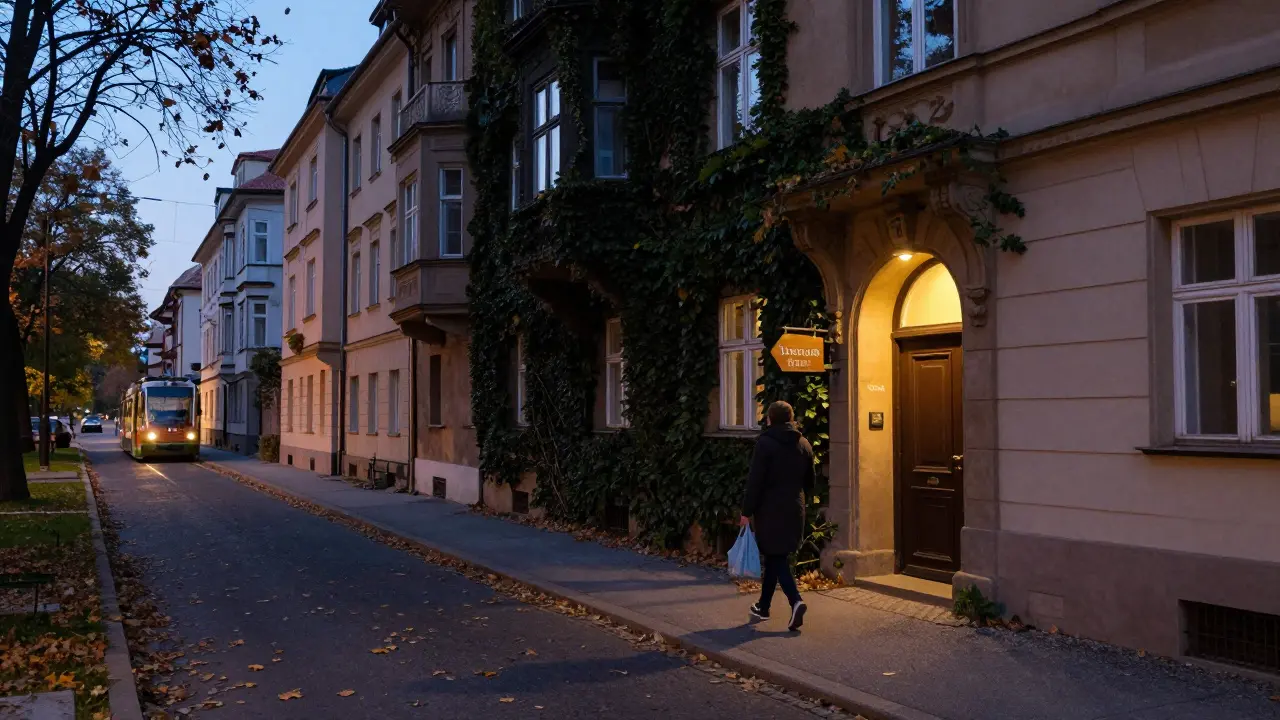 A quiet Prague residential street at dusk, leading to a discreet wellness studio with no signs or advertisements.