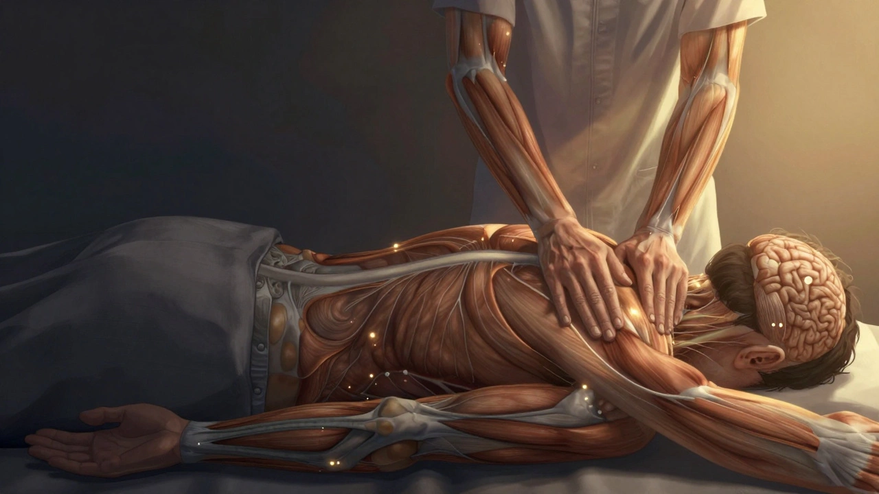 A symbolic split image showing tension transforming into relaxation through glowing neural pathways connecting body and brain.