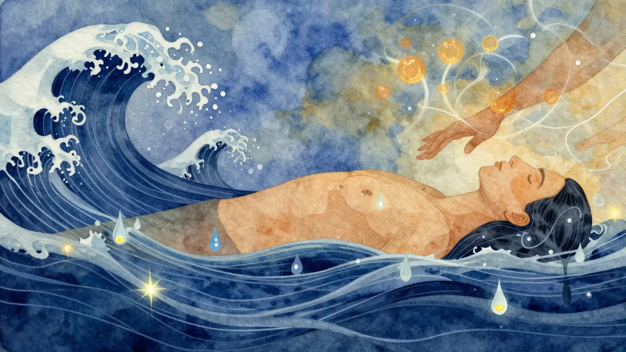 Abstract watercolor waves symbolizing emotional release flowing over a human form, evoking peace and letting go.