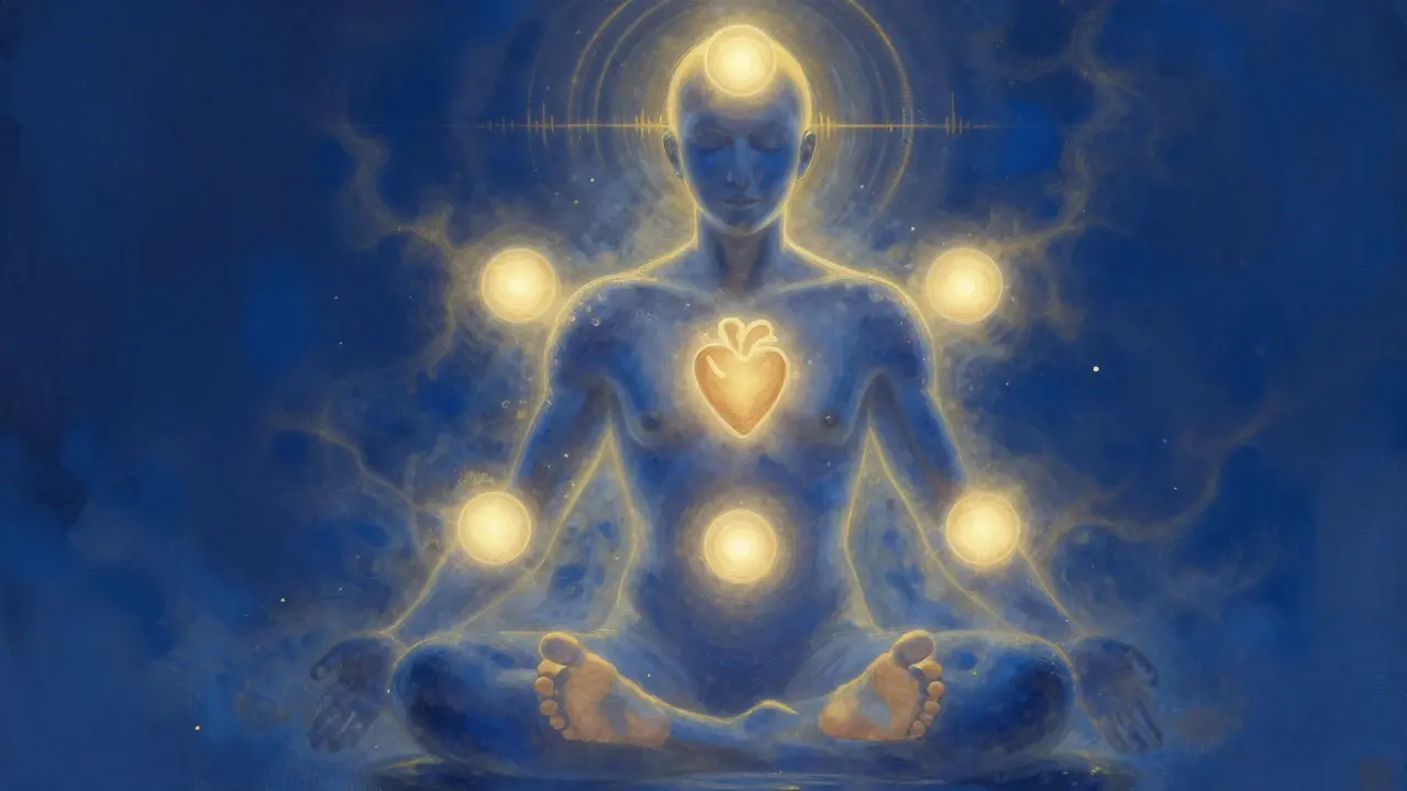 An energy field with glowing points at head, heart, and feet, symbolizing reiki's restorative flow for sleep.