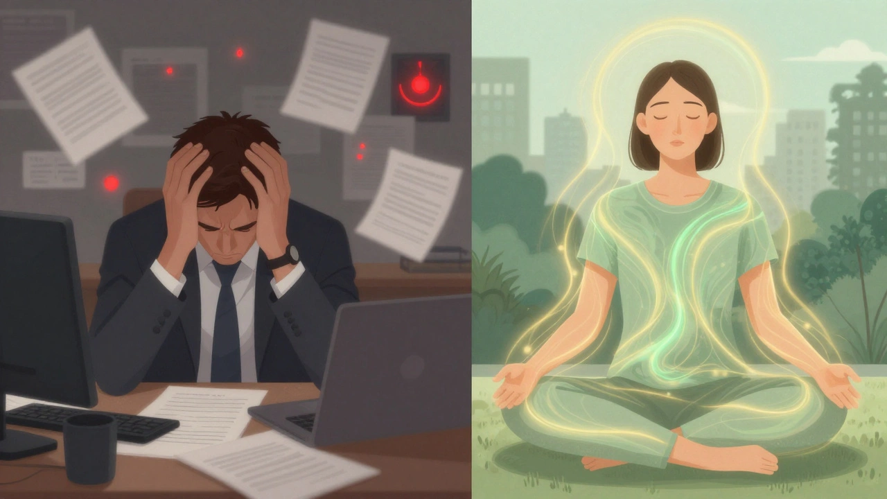 Before and after: a stressed individual transformed into calm, with energy flows replacing chaos, symbolizing Reiki’s calming effect.