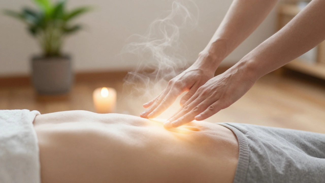 Close-up of hands above a person’s abdomen and feet, radiating subtle golden light during a Reiki session in a quiet, natural setting.