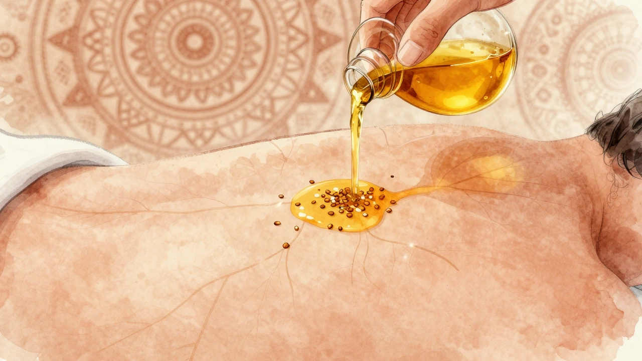 Close-up of herbal oil being absorbed into skin, with subtle glowing lymphatic pathways.