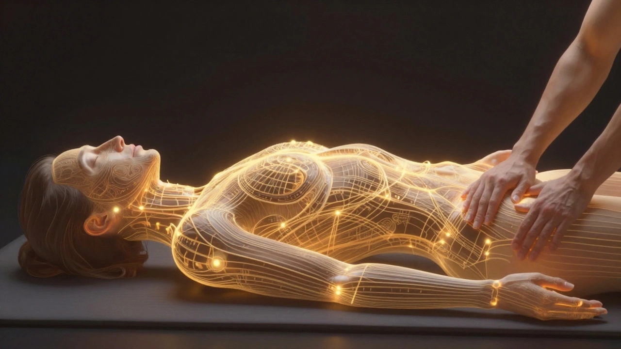 Glowing energy lines beneath the skin during Thai bodywork, showing life force flowing through the body.