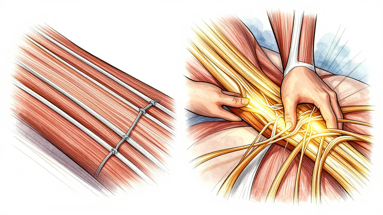 Illustration comparing parallel massage to perpendicular cross fibre release breaking tissue adhesions.