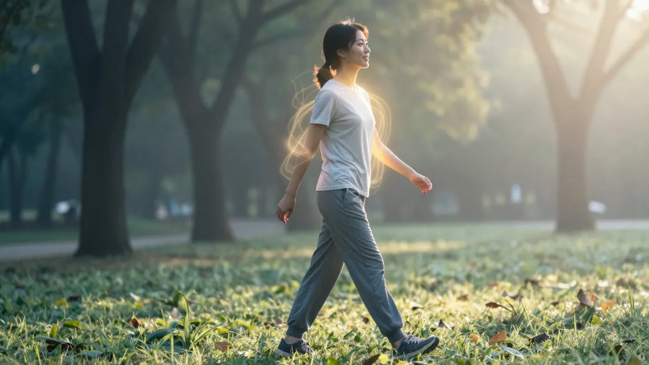 Person walking in a sunlit park at dawn, golden light radiating from their body