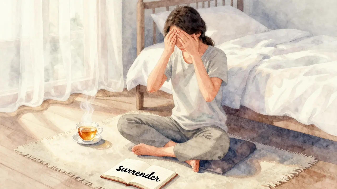 Someone practicing self-reiki at dawn, hands on forehead and heart, sunlight streaming through curtains.