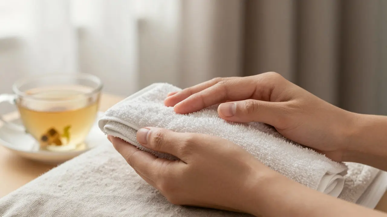 Two hands exchanging a warm towel and tea after a calming session, symbolizing trust and emotional renewal.
