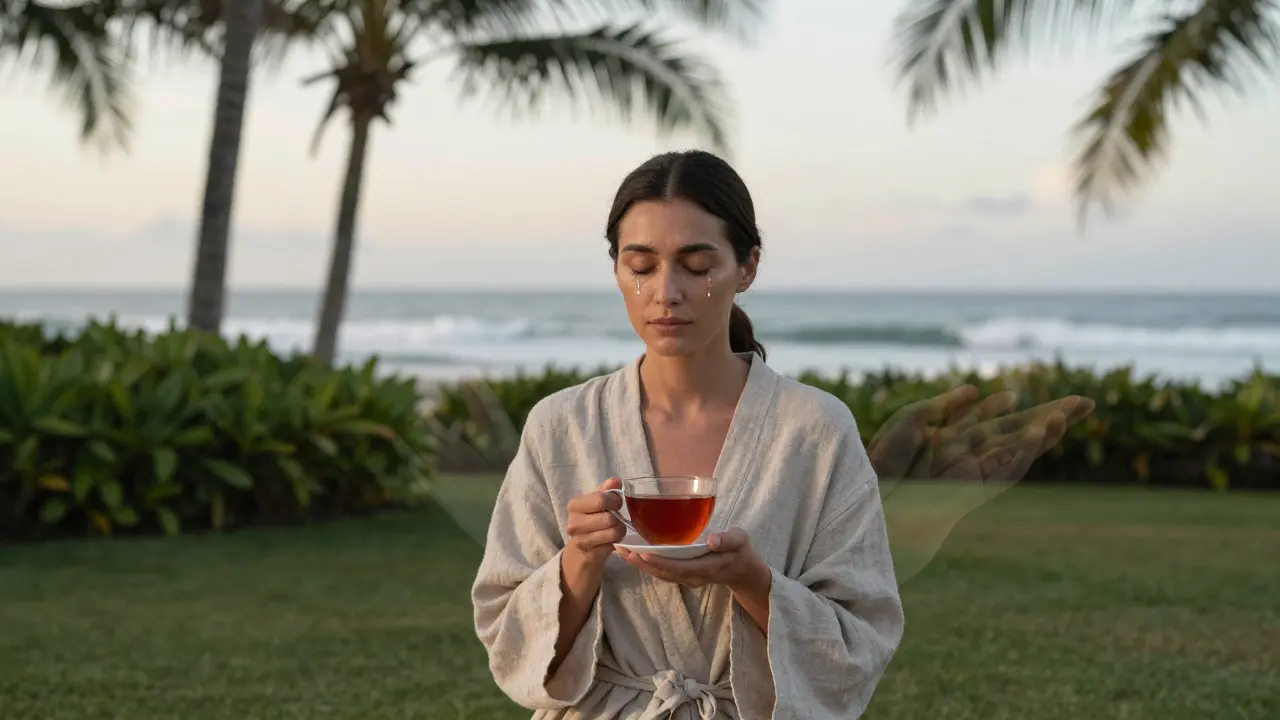 Woman sitting peacefully in a coastal garden at sunrise, tear on cheek, faint image of hands fading into mist.