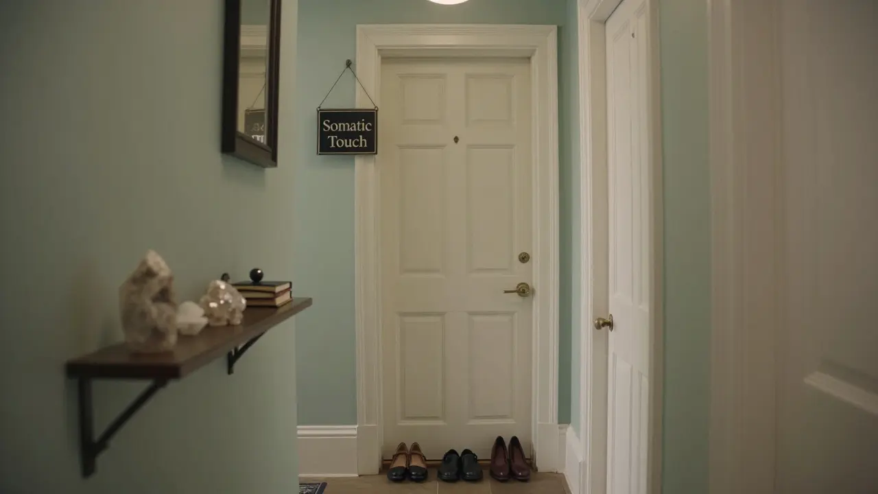 A discreet wellness studio entrance with a hand-written sign and shoes outside, suggesting a safe, private healing space.