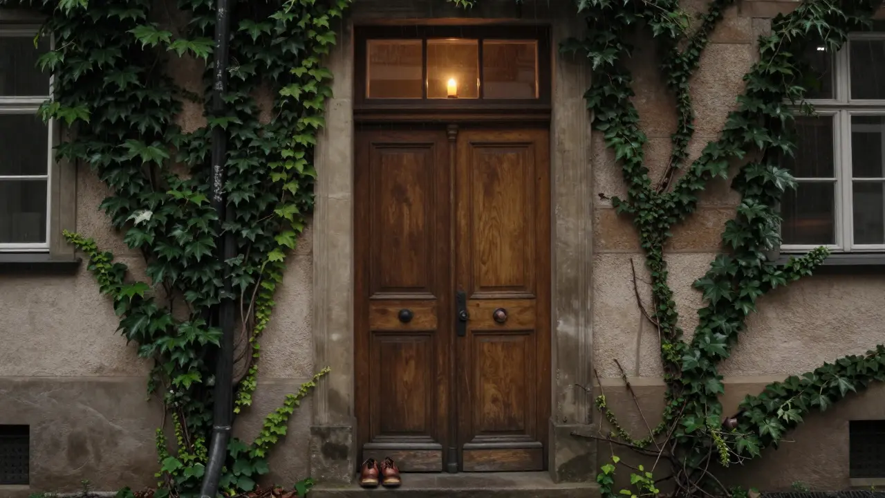 A hidden wellness studio door in Prague with no sign, leather shoes outside, candlelight glowing in the window.