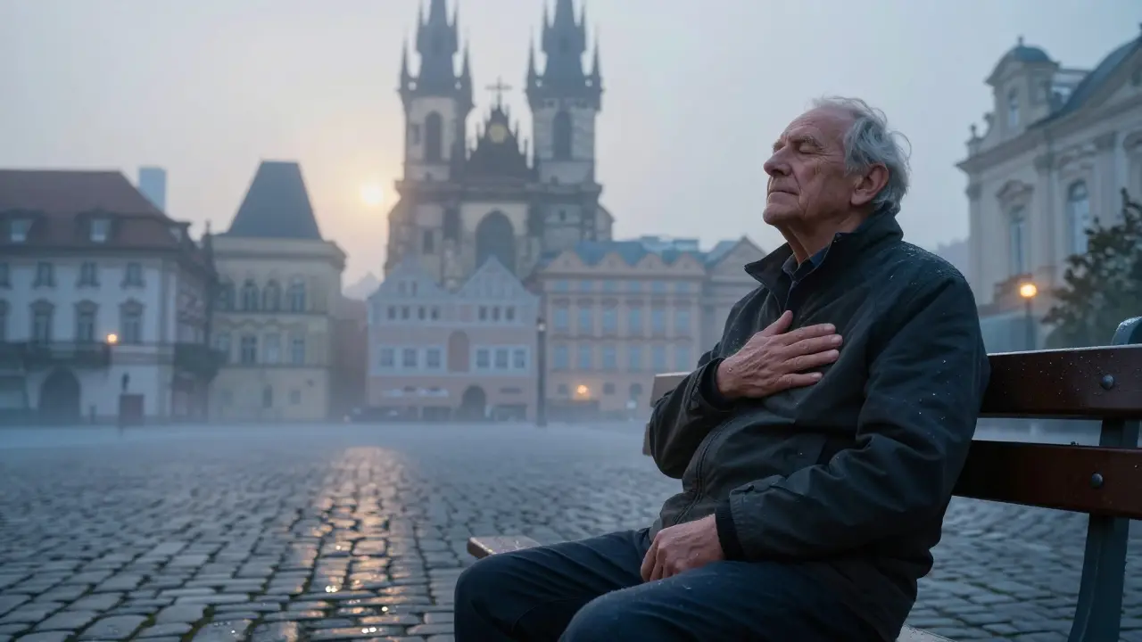 An elderly man sitting alone on a misty Prague bench at dawn, hand over heart, surrounded by quiet stillness.