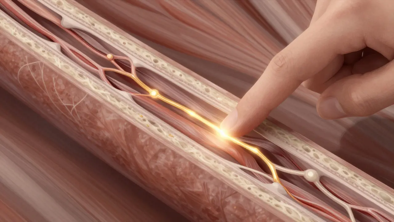 Cross-section of a tendon with collagen adhesions being gently broken by manual pressure.
