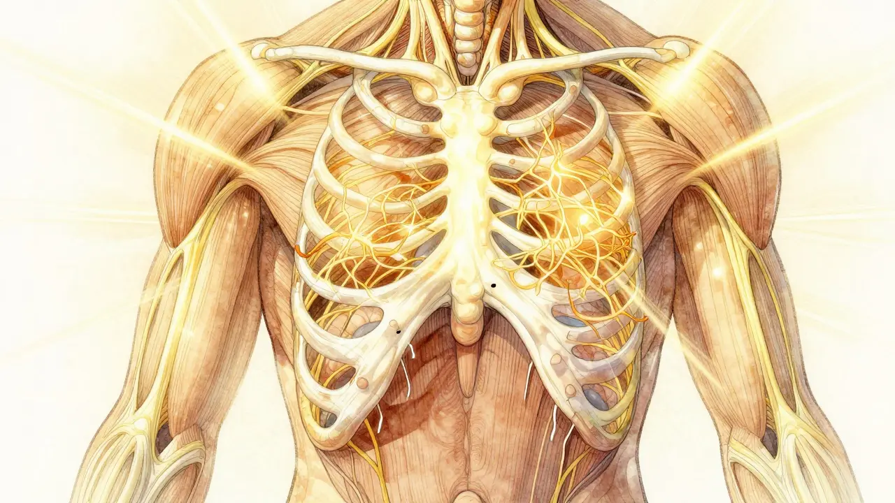 Cross-sectional view of fascial tissue glowing as it releases from tight, tangled states.