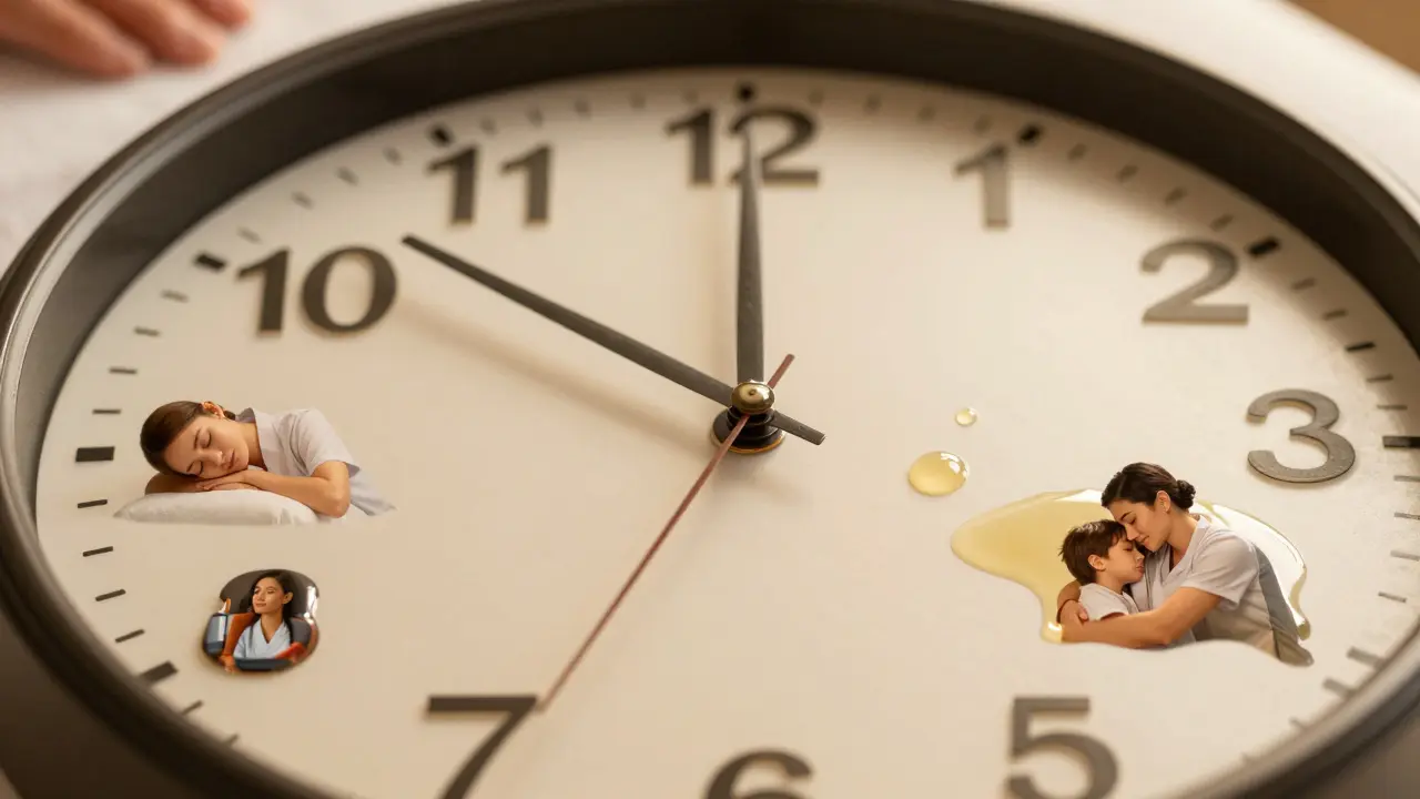Melting clock transforming into a massage table with oil droplets reflecting peaceful life moments.