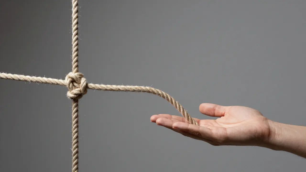 Metaphorical image of a stiff rope transforming into a free-flowing strand in a therapist's hand.