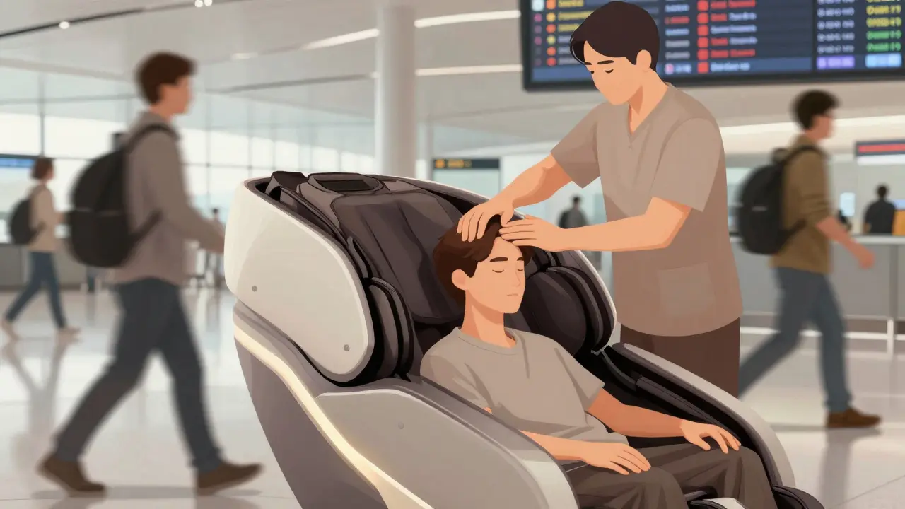 Person receiving chair massage in a busy airport while travelers move around in blur.